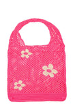 Flower Accent Knit Mesh Handle Bag