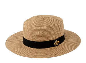 Bee charm black band flat top straw hat khaki